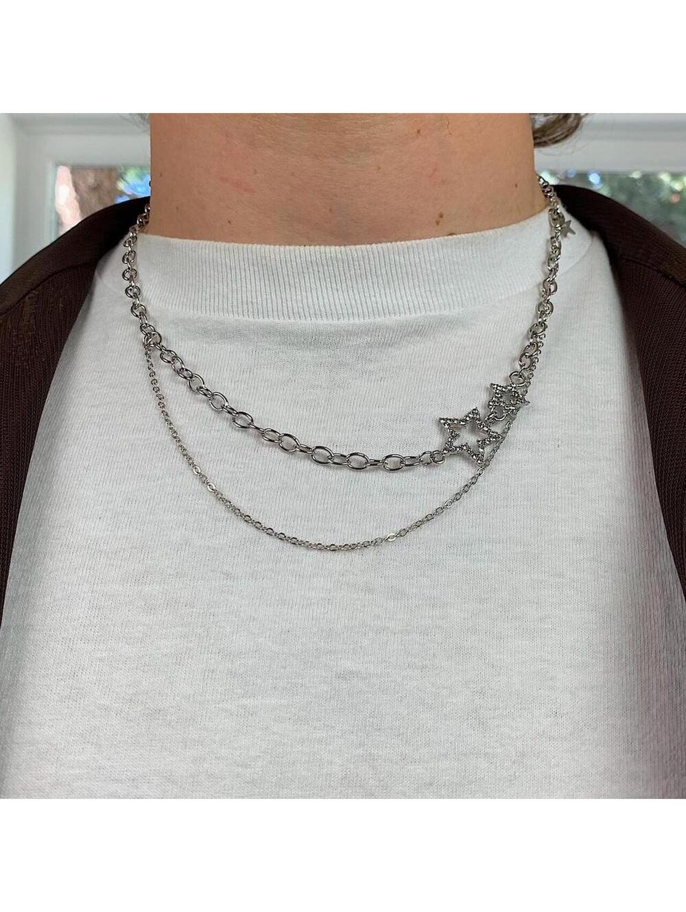 Cyber Grunge Y2k 2000s rhinestone double star pendant layered chain necklace